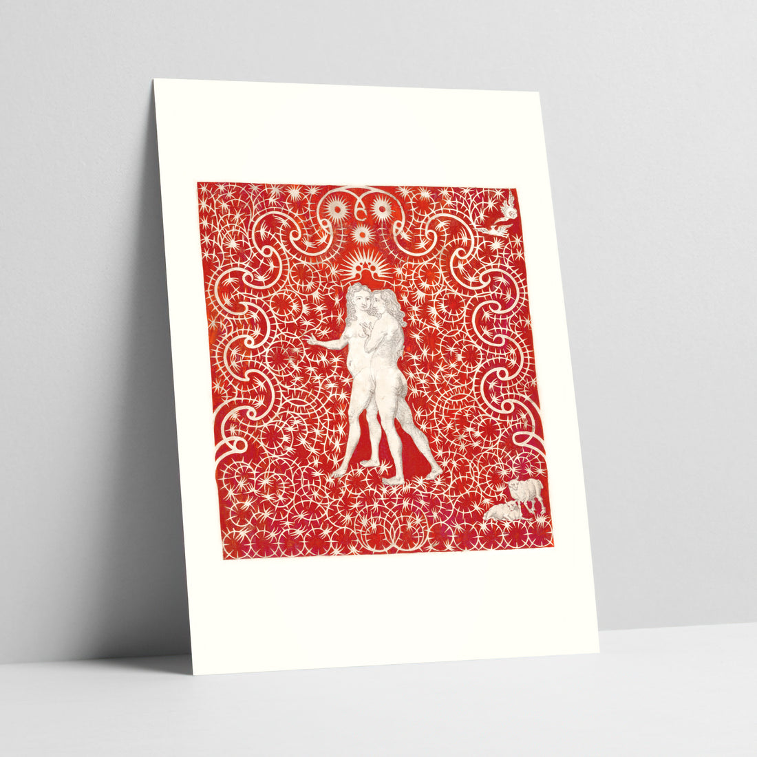 Entwined Figures with Ornate Red Background Vintage Art Print