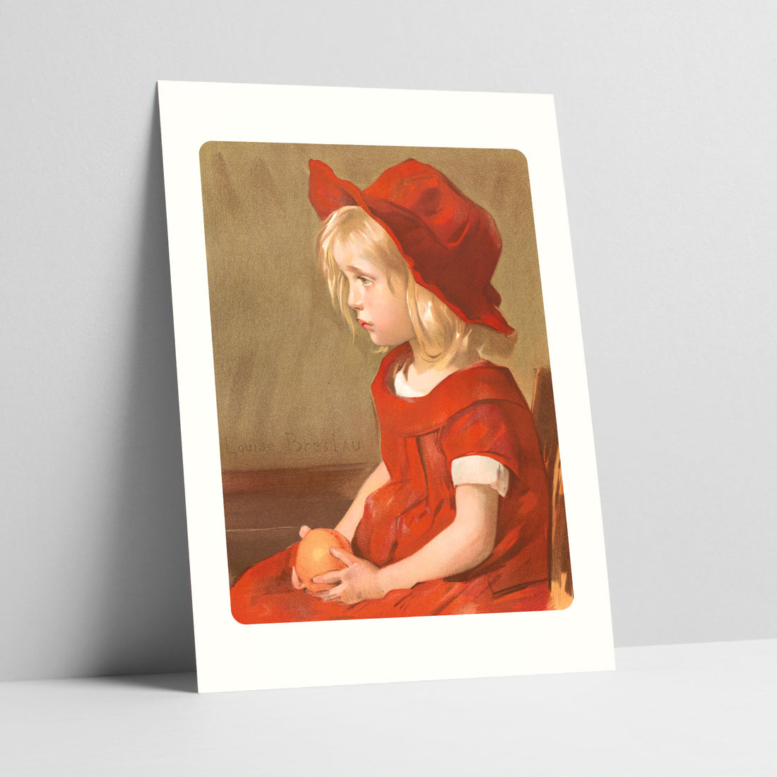 Girl with Orange in Red Dress Art Print