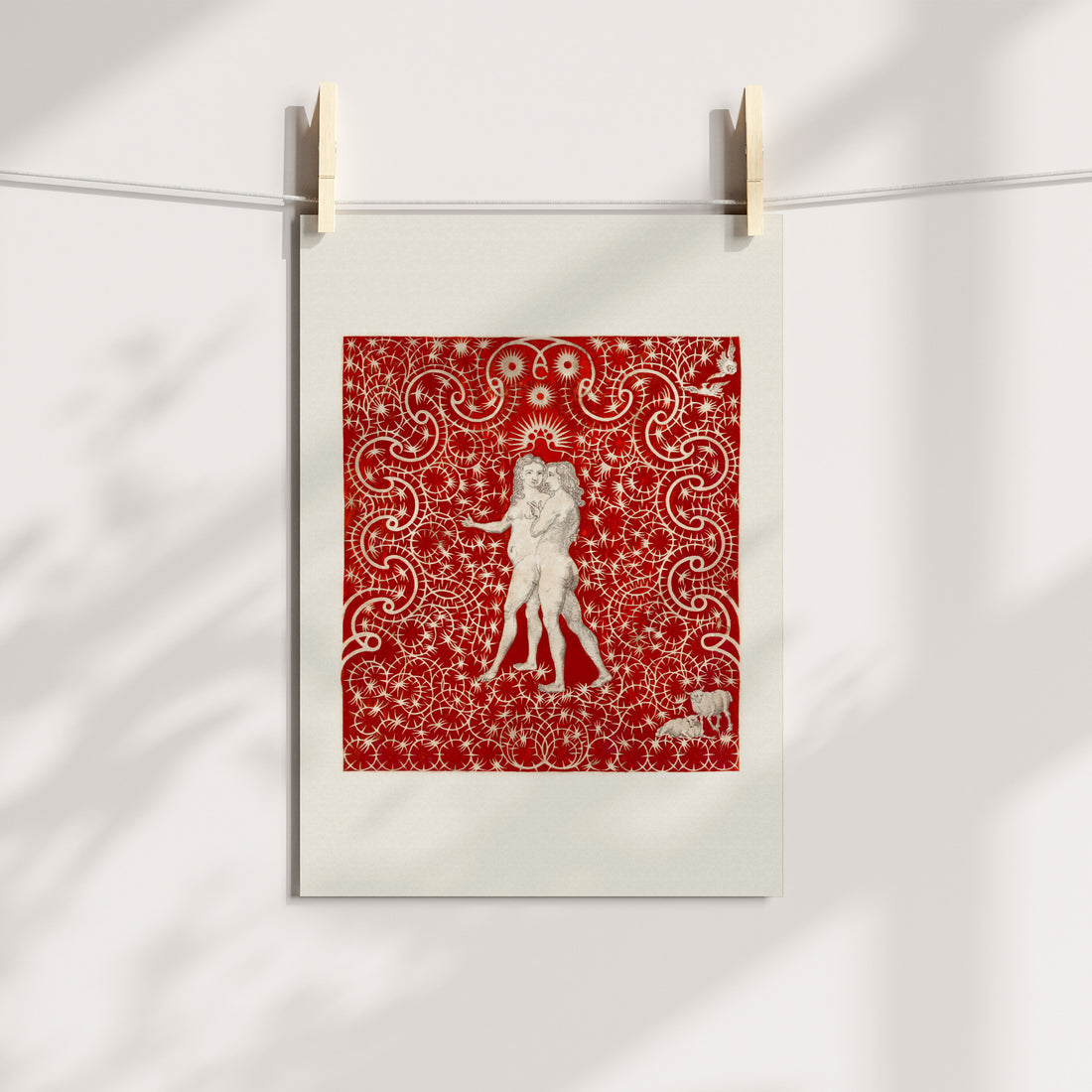 Entwined Figures with Ornate Red Background Vintage Printable Art