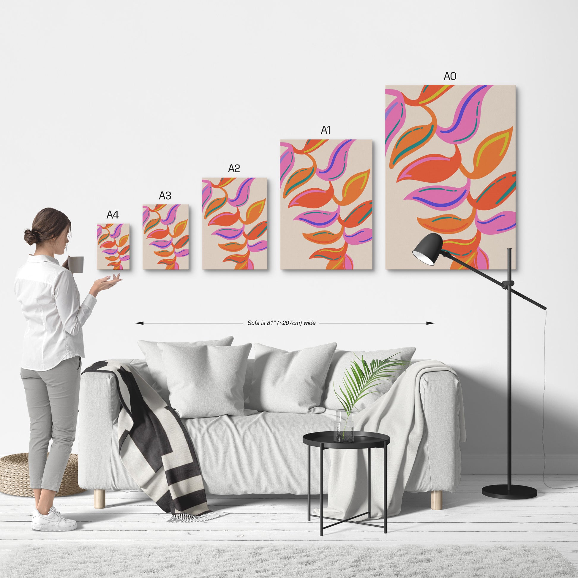 Size chart for Abstract colorful leaf pattern art print
