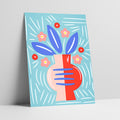 Abstract floral art print with blue leaves and pink vase on a light blue background.