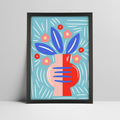 Abstract floral art print with blue leaves and pink vase on a light blue background in a black frame.
