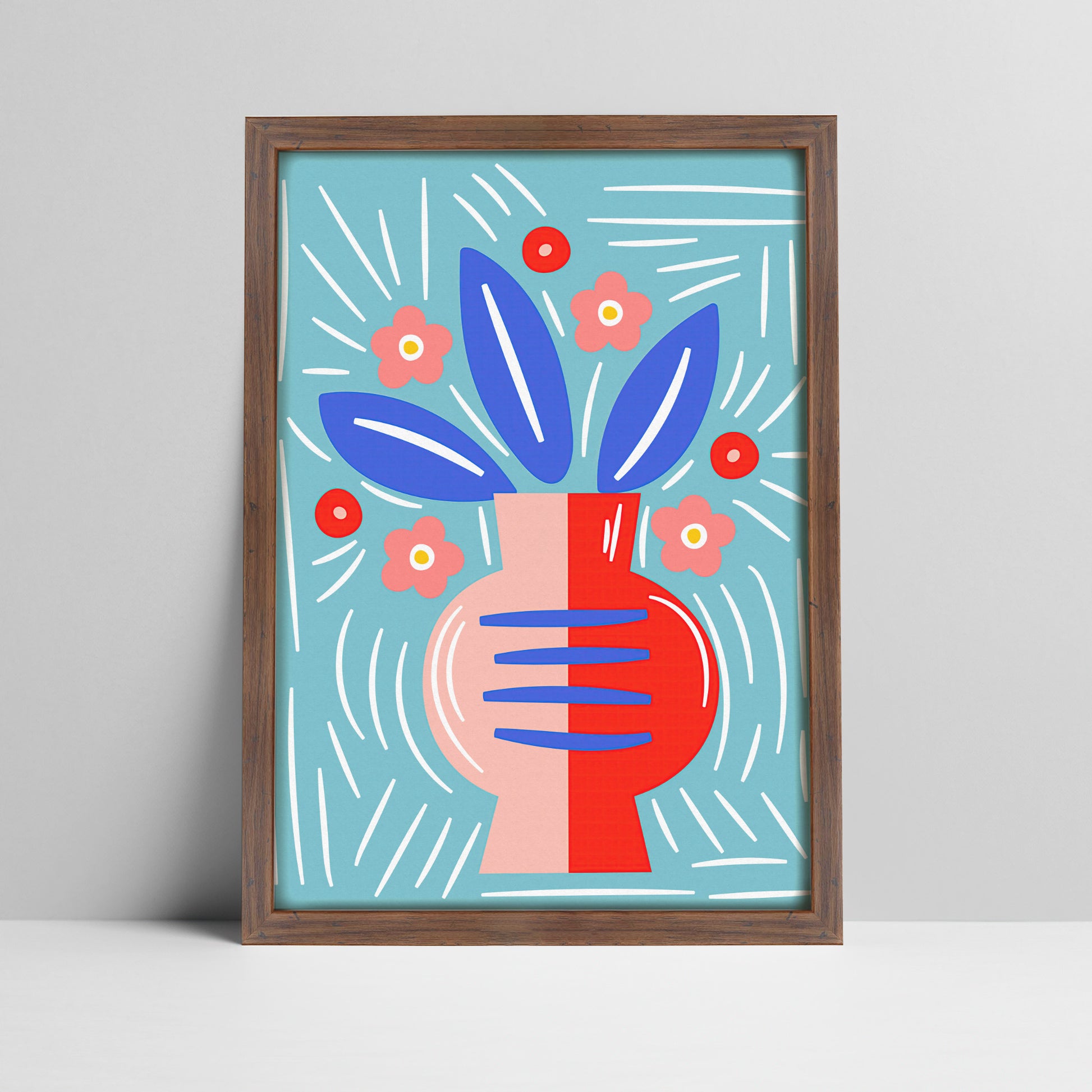 Abstract floral art print with blue leaves and pink vase on a light blue background in a dark wood frame