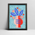 Abstract floral art print with blue leaves and pink vase on a light blue background in a thick black frame