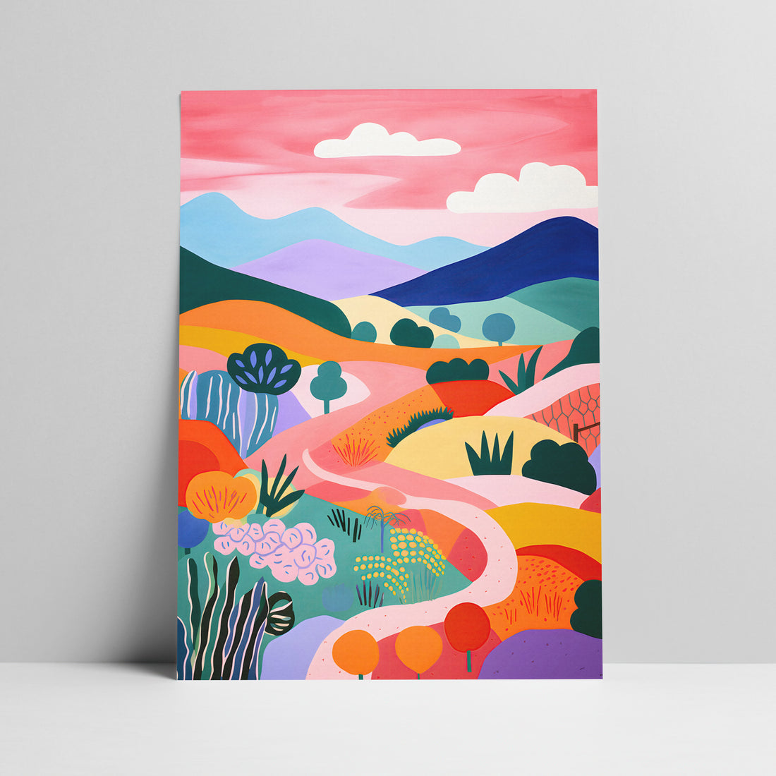 Abstract landscape with colorful hills and sky