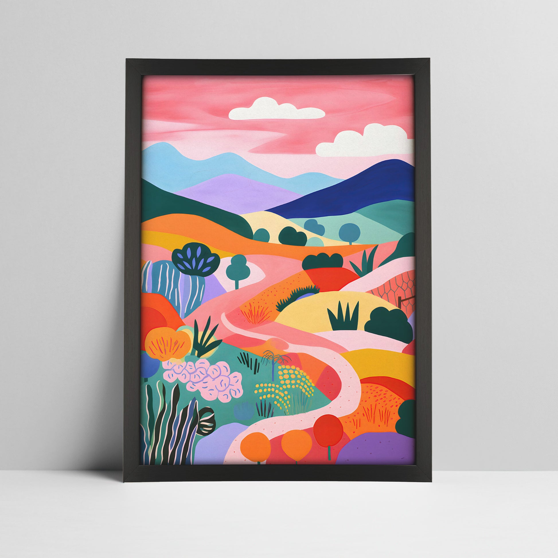 Abstract landscape with colorful hills and sky in a black frame