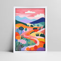 Abstract landscape with colorful hills and sky in a white frame