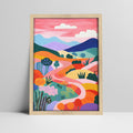 Abstract landscape with colorful hills and sky in a light wood frame