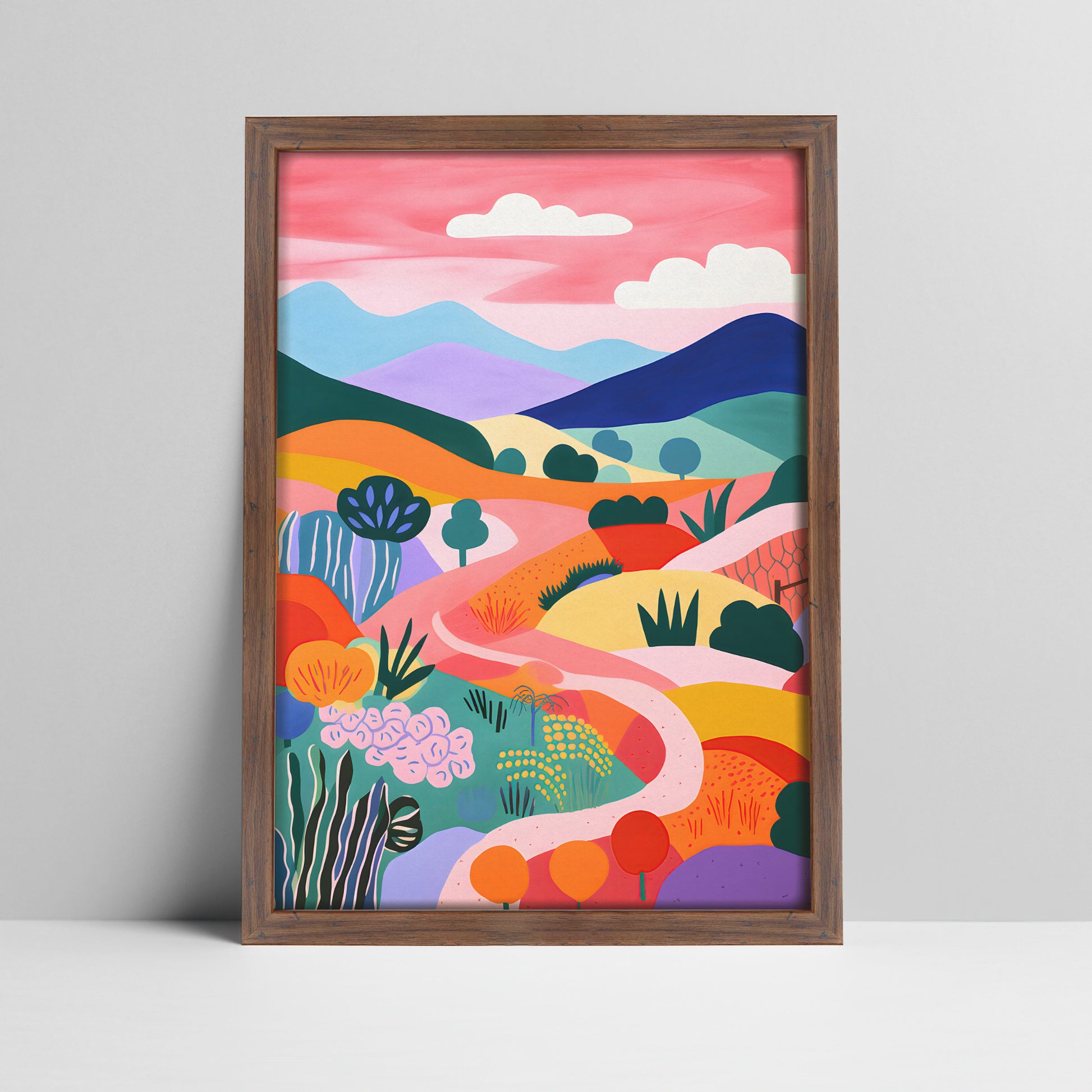 Abstract landscape with colorful hills and sky in a dark wood frame