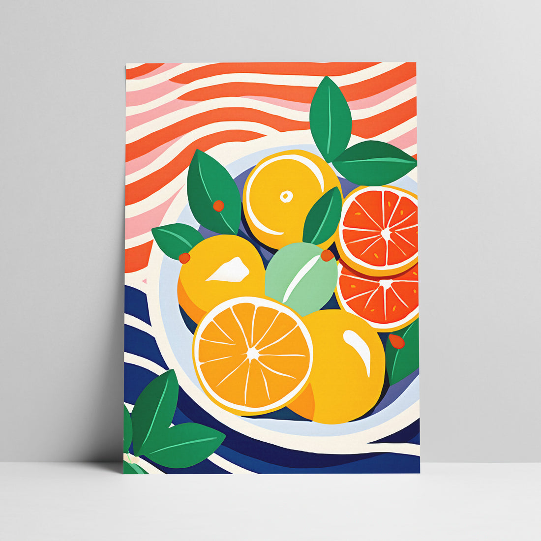 Art print of citrus fruits illustration with abstract background