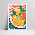 Art print of citrus fruits illustration with abstract background in a white frame