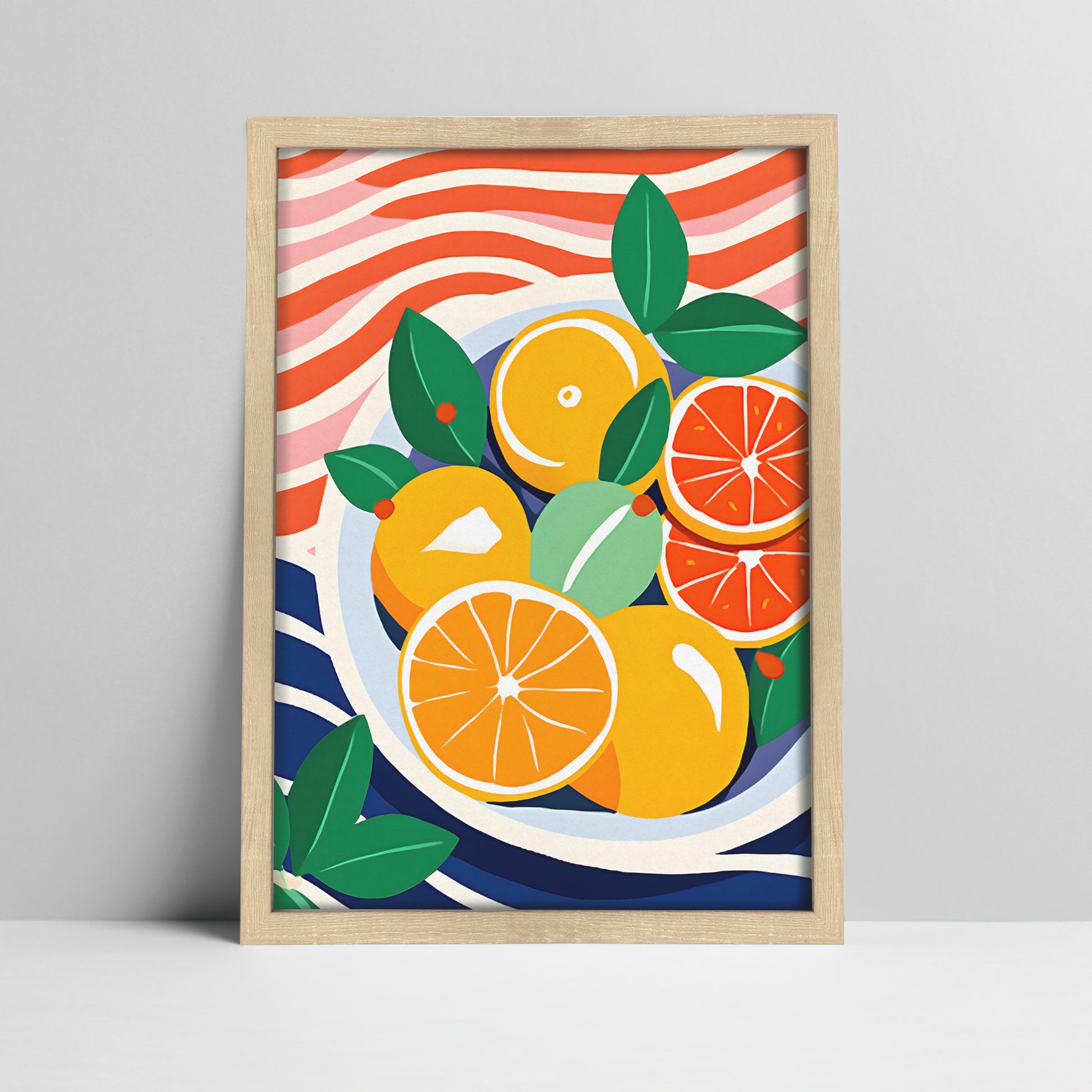 Art print of citrus fruits illustration with abstract background in a light wood frame