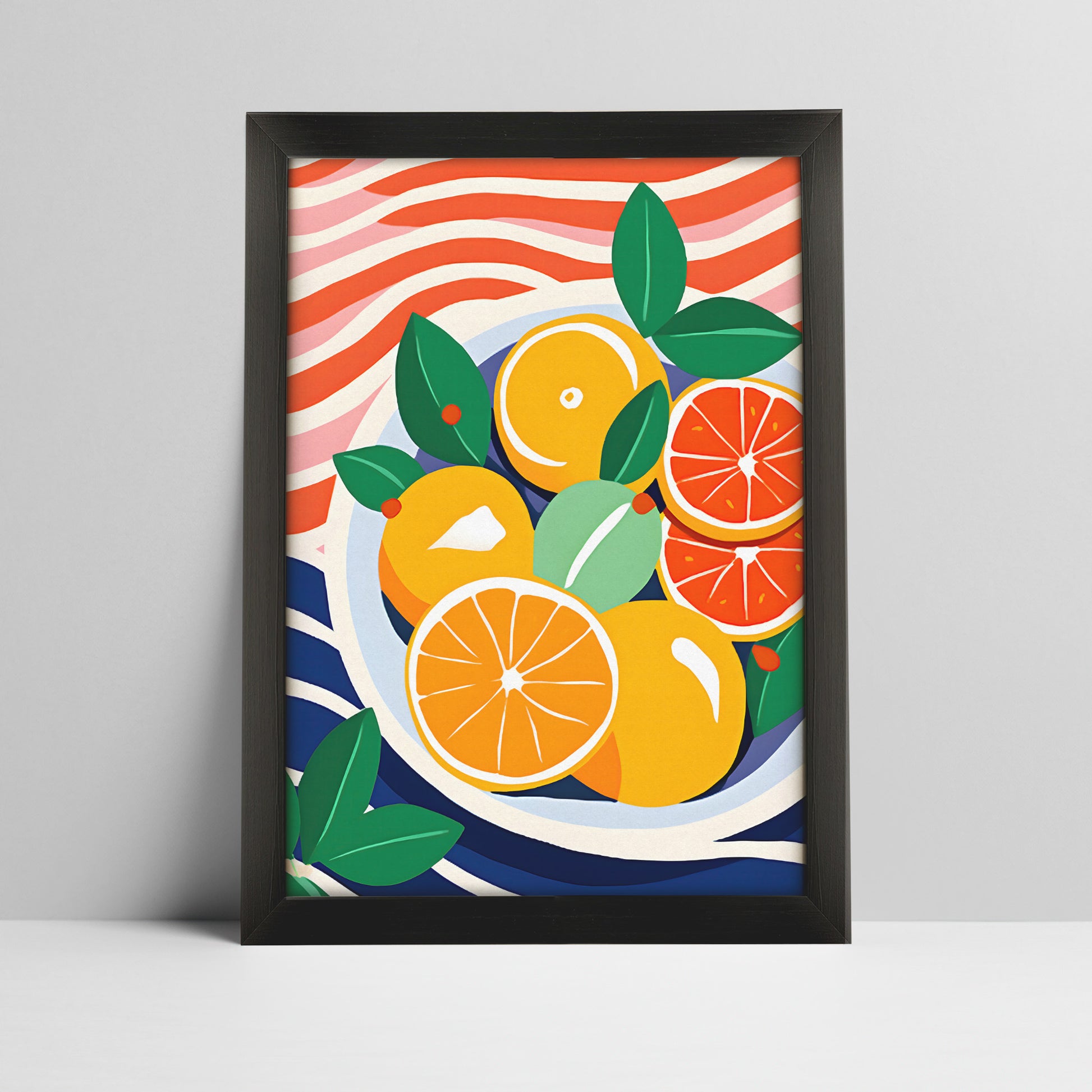 Art print of citrus fruits illustration with abstract background in a bold black frame