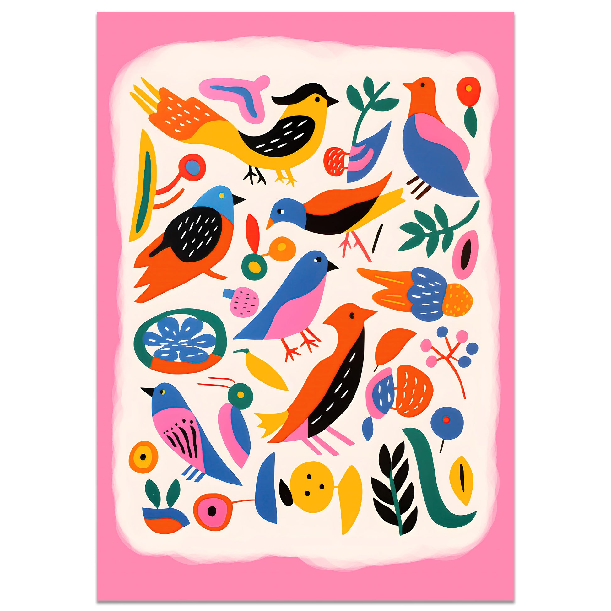 Colorful birds and flora art illustration