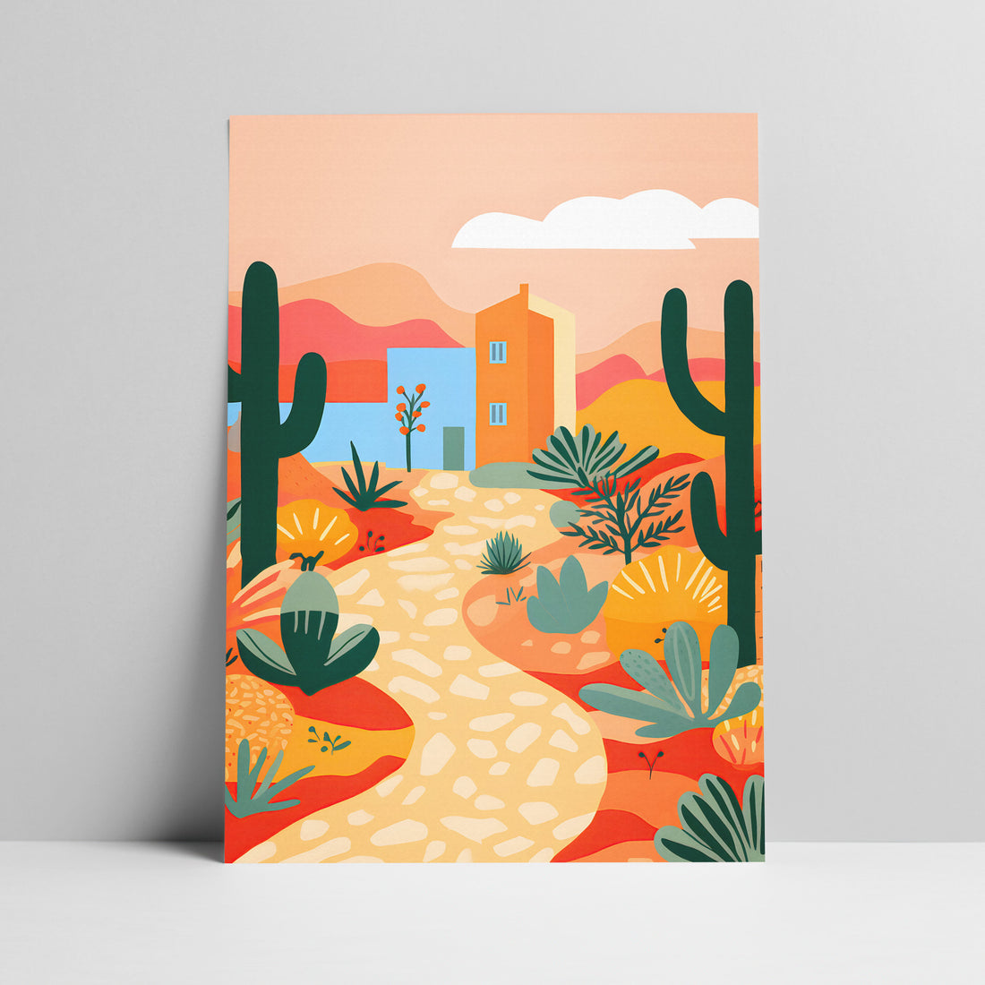 Art print of desert landscape illustration with cacti and house