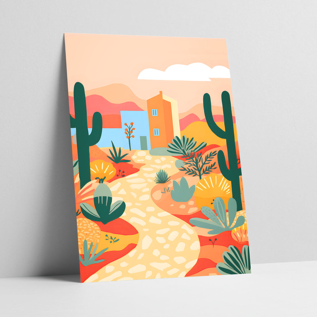 Art print of desert landscape illustration with cacti and house
