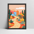 Art print of desert landscape illustration with cacti and house in a black frame