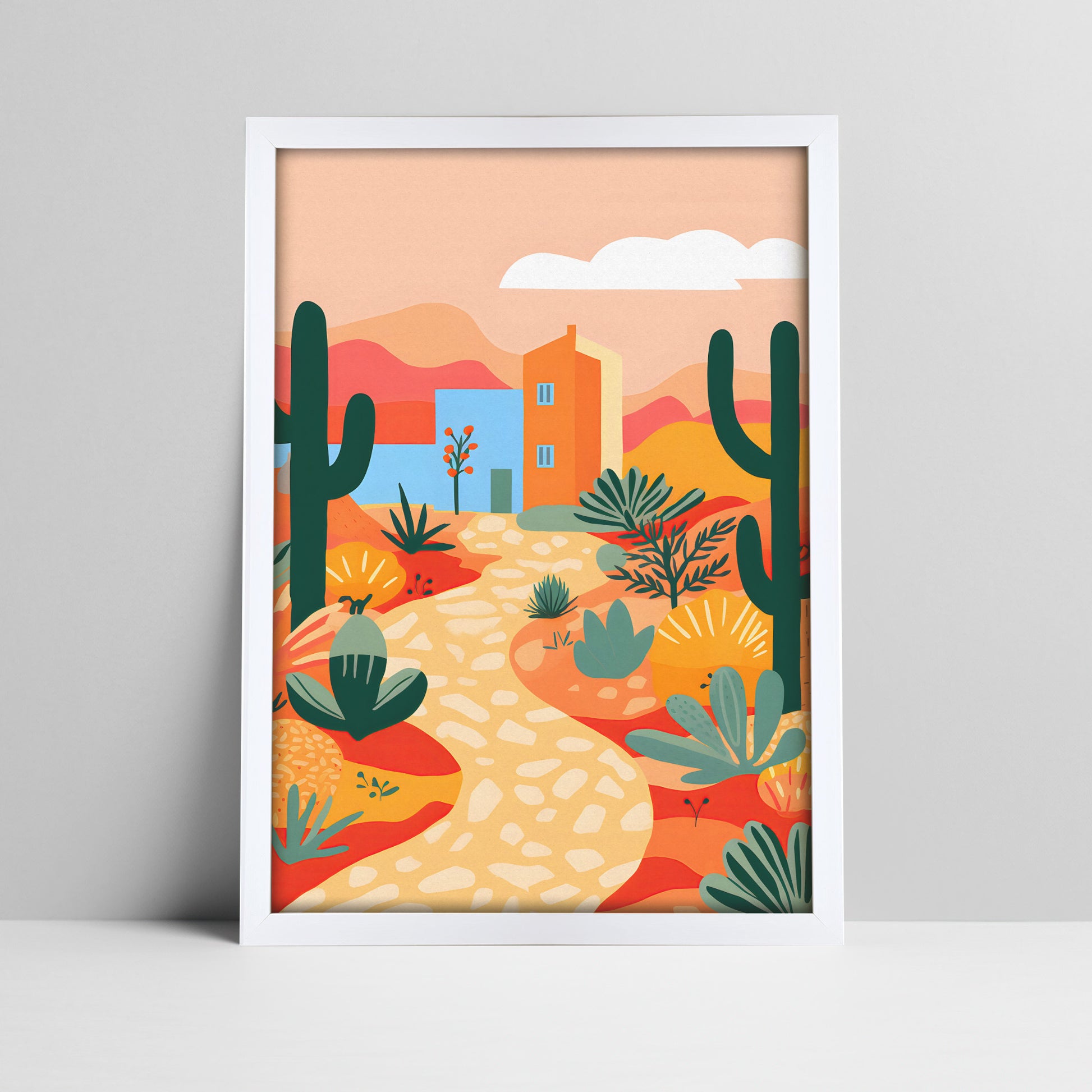 Art print of desert landscape illustration with cacti and house in a white frame