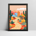 Art print of desert landscape illustration with cacti and house in a bold black frame