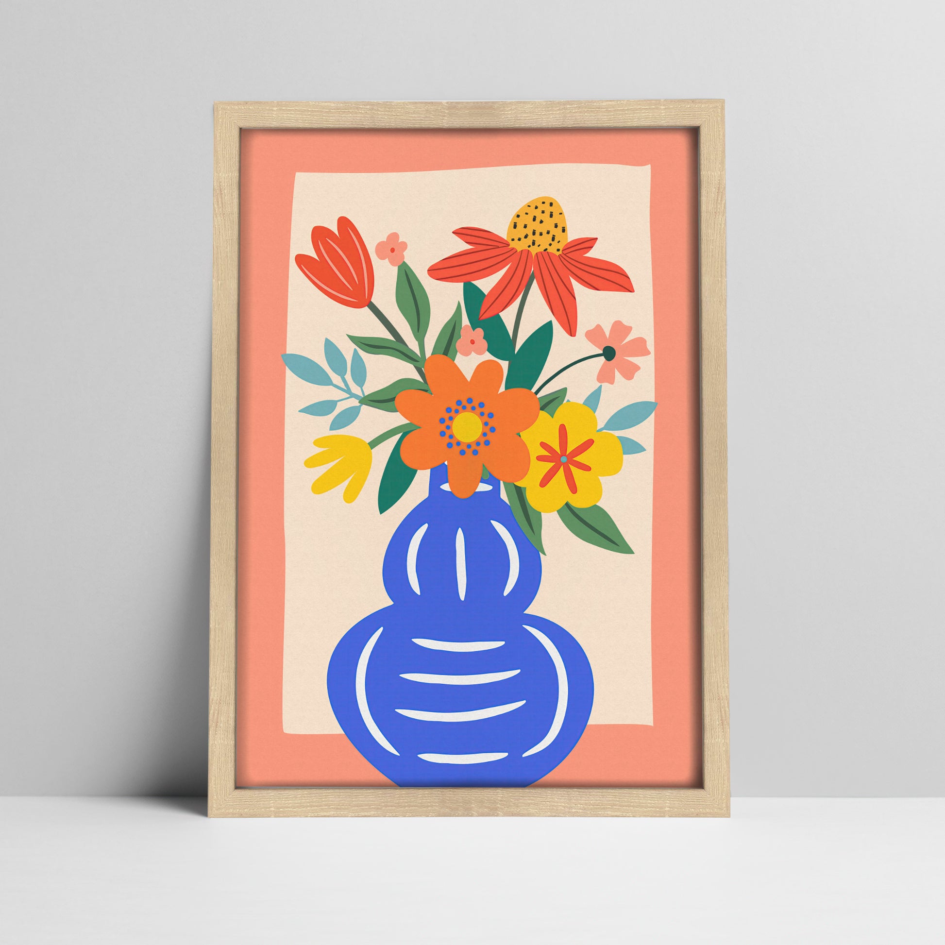 Floral bouquet in blue vase illustration in a 20 mm light wood frame