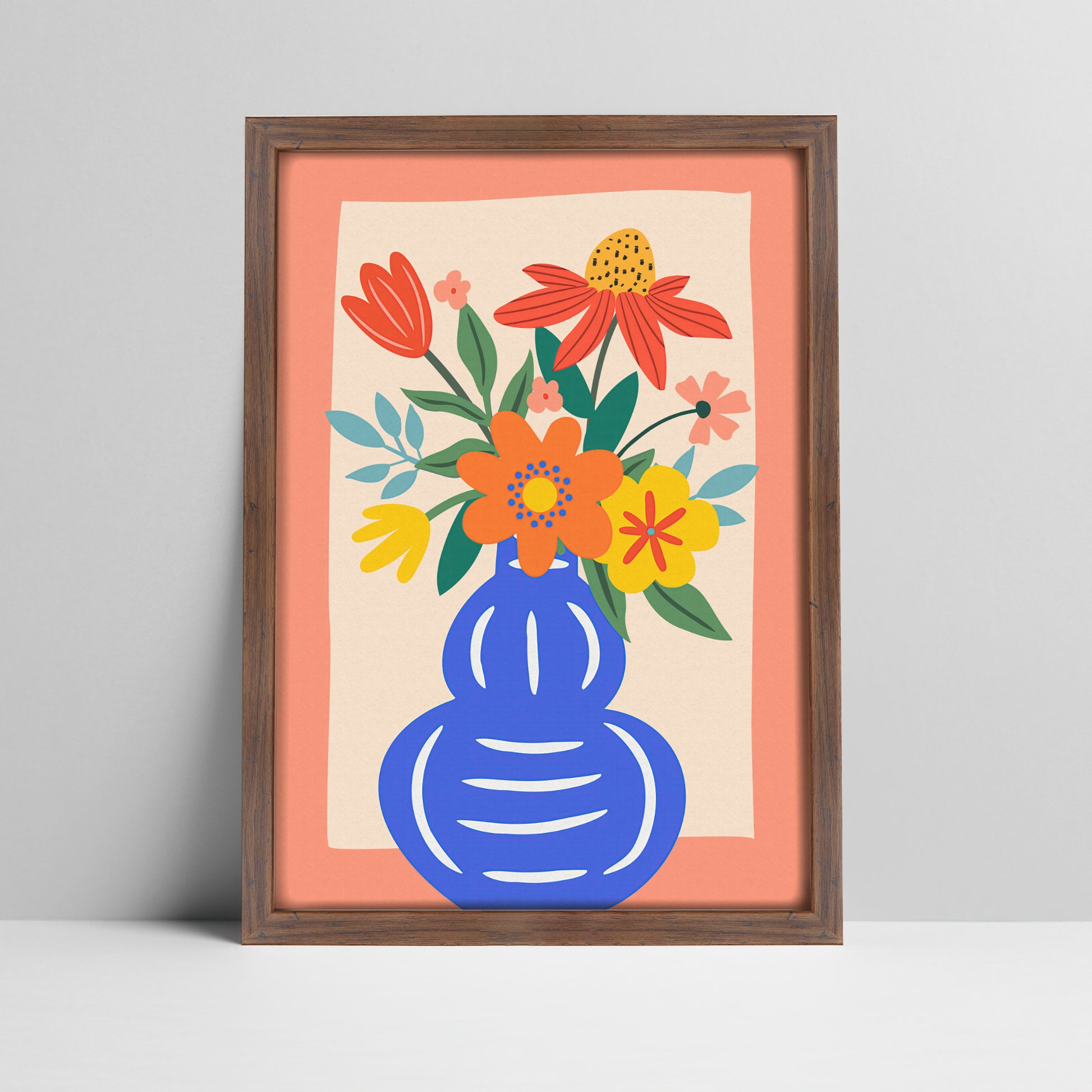 Floral bouquet in blue vase illustration in a 20 mm dark wood frame