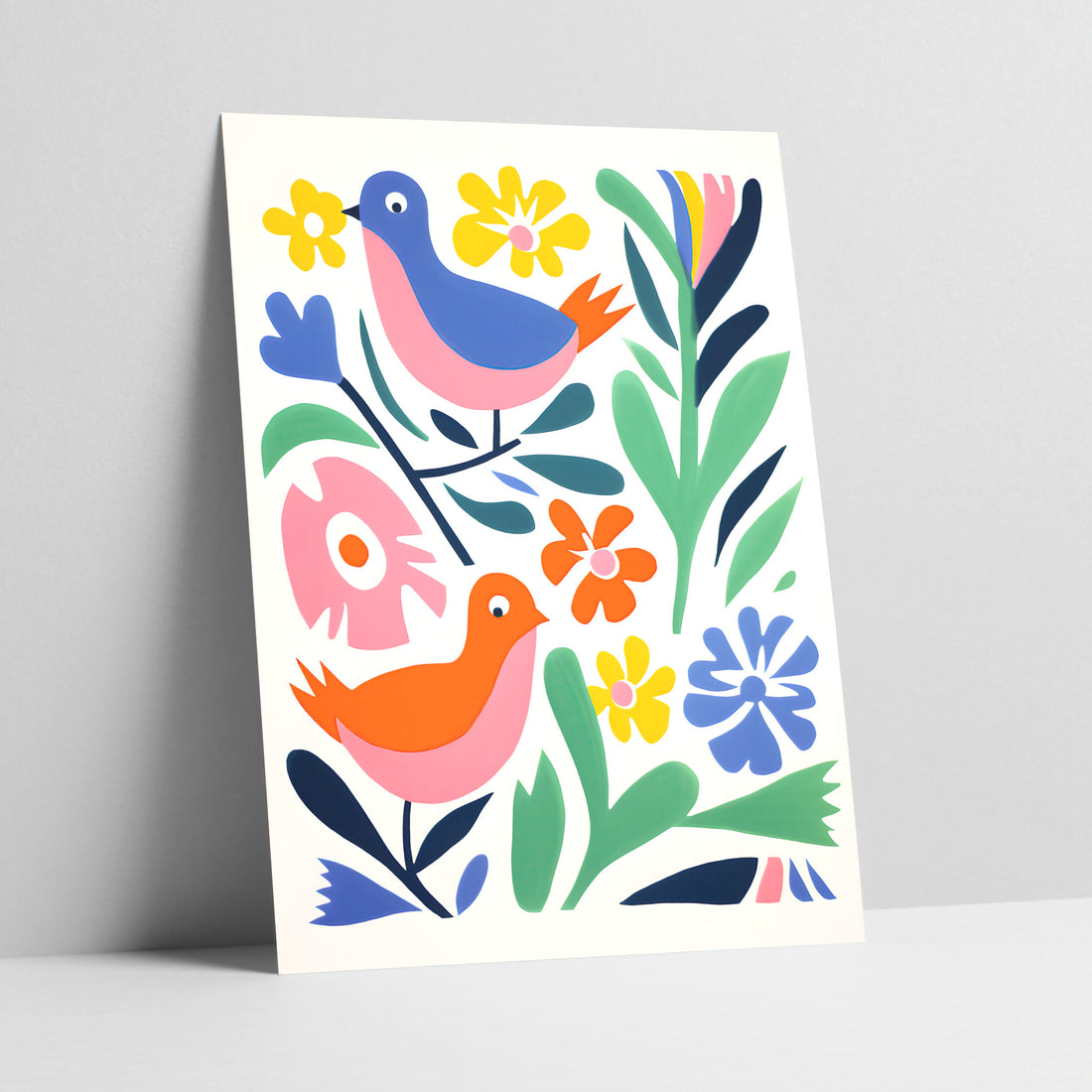 Folk art birds among vibrant flowers print