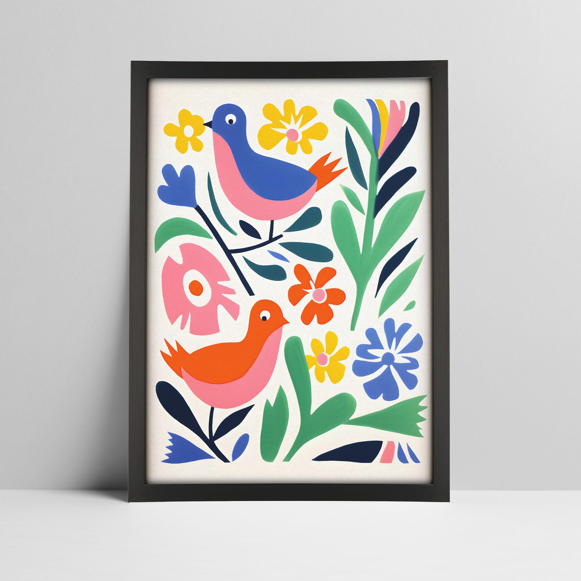 Folk art birds among vibrant flowers print in a black frame