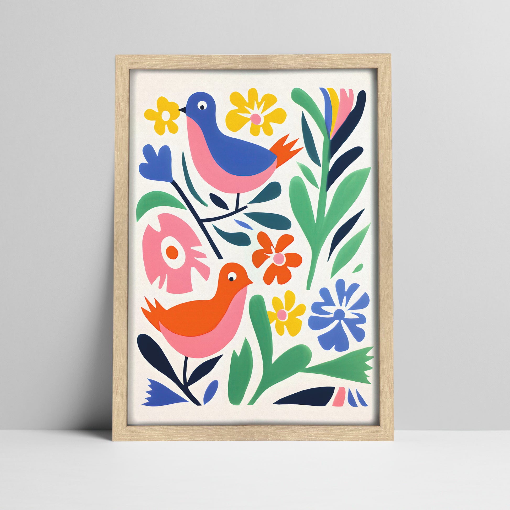 Folk art birds among vibrant flowers print in a light wood frame
