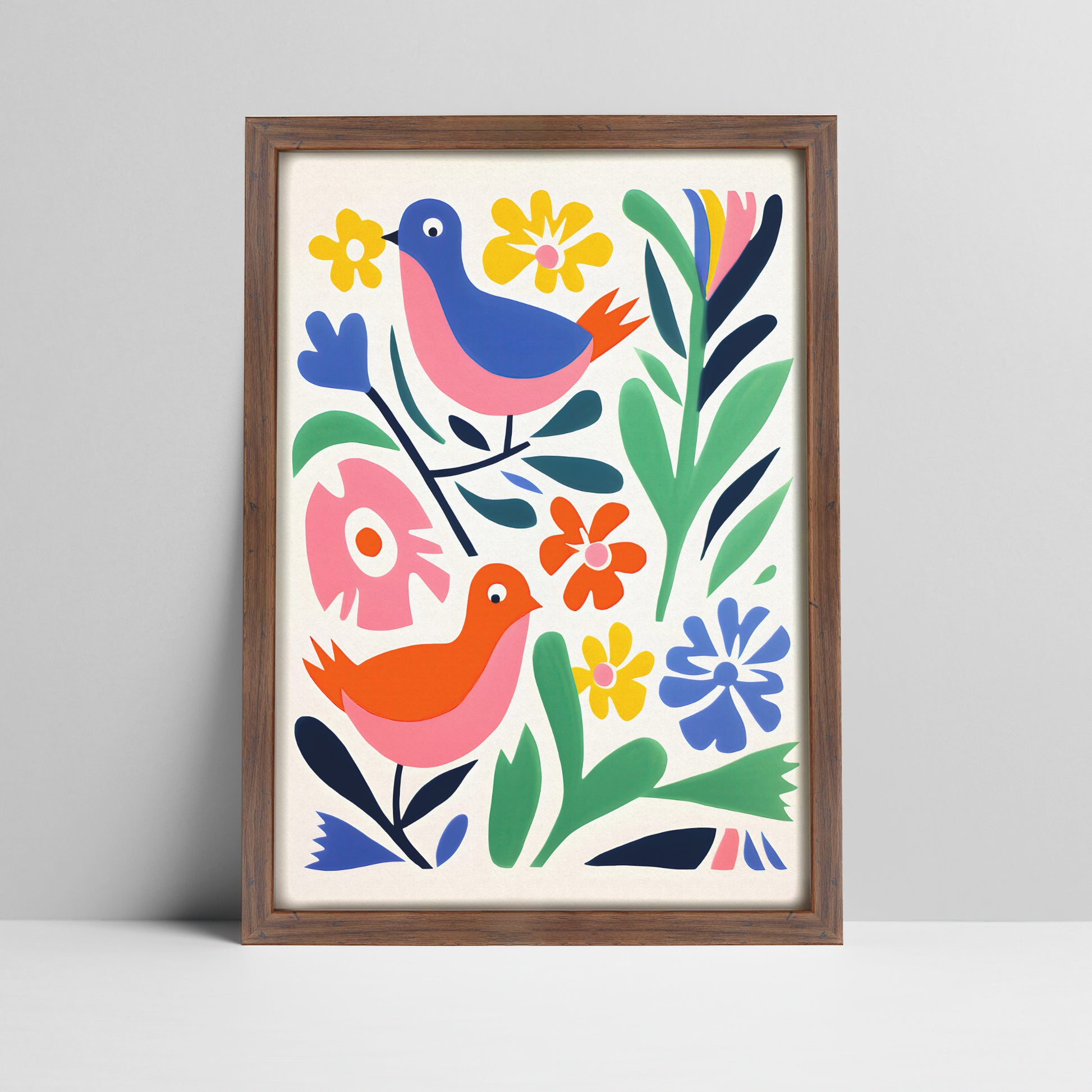 Folk art birds among vibrant flowers print in a dark wood frame