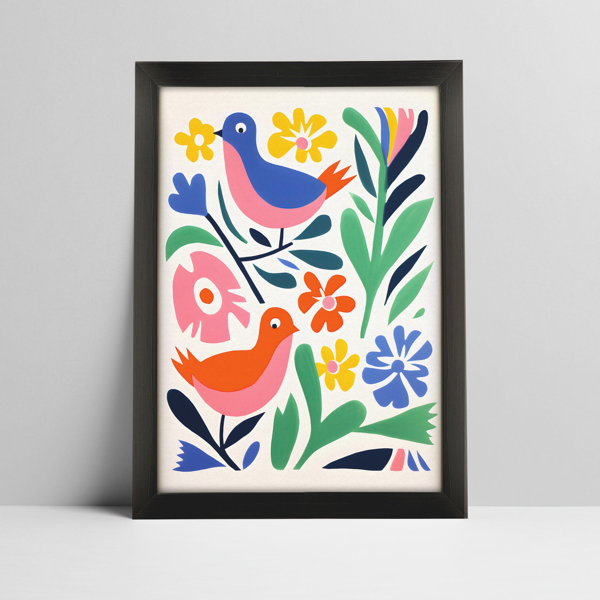 Folk art birds among vibrant flowers print in a thick black frame