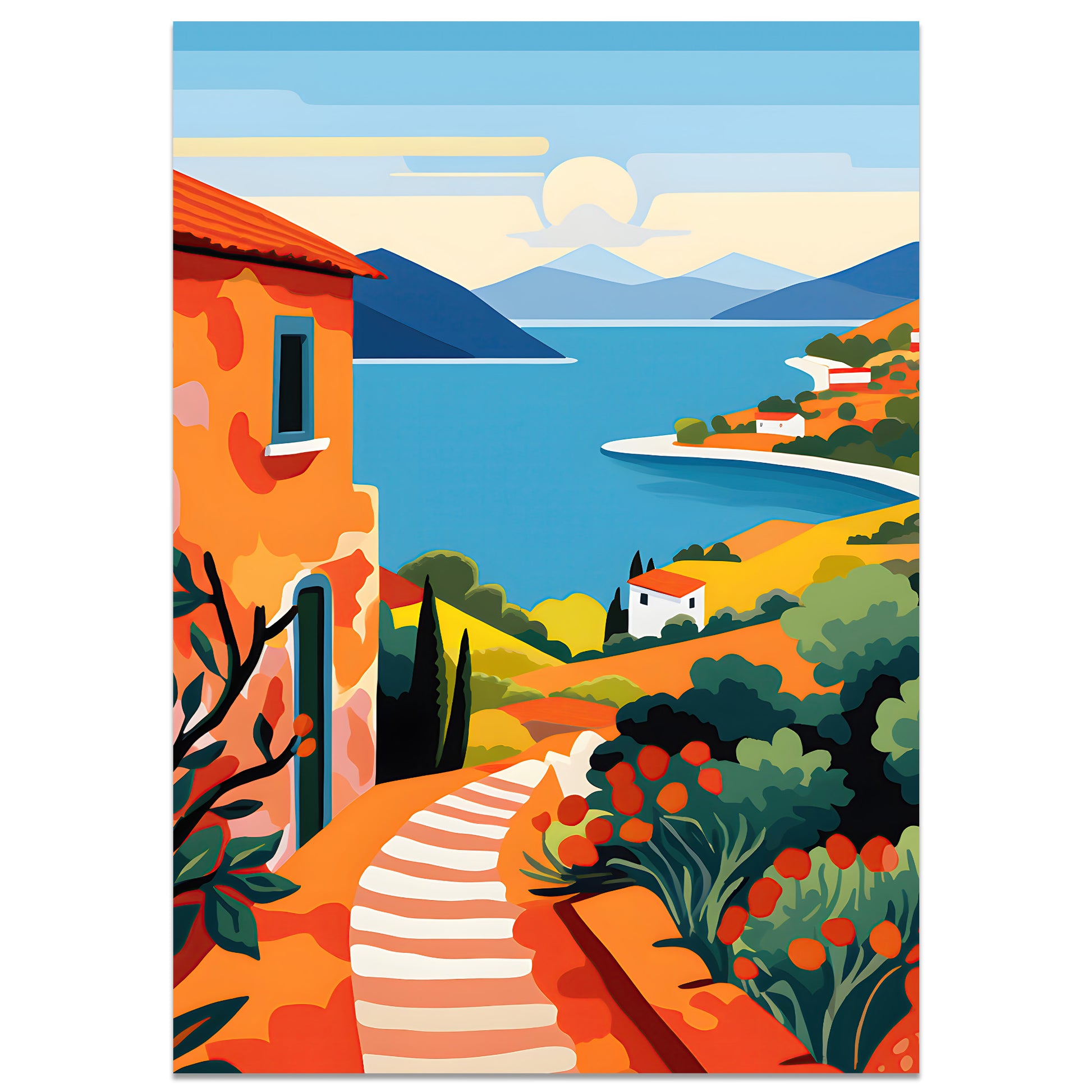 Art print of a mediterranean coastal village landscape illustration