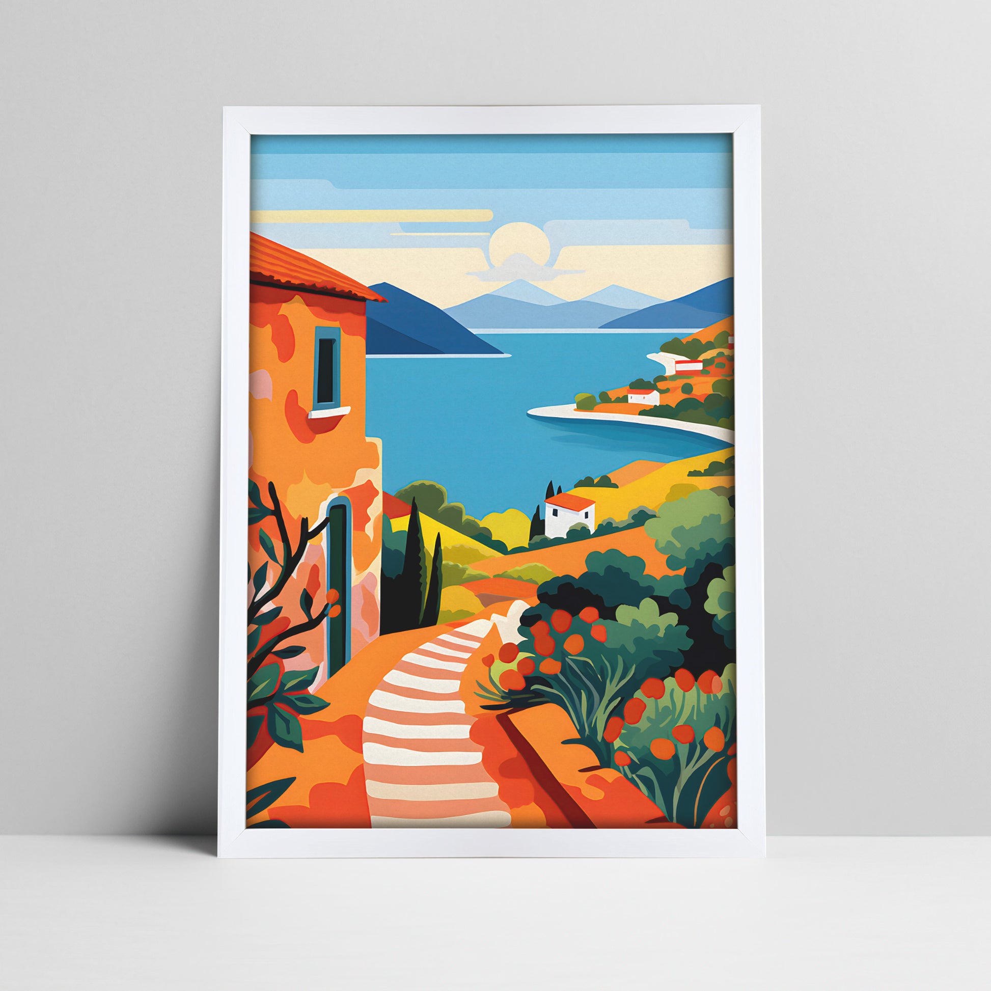 Art print of a mediterranean coastal village landscape illustration in a white frame