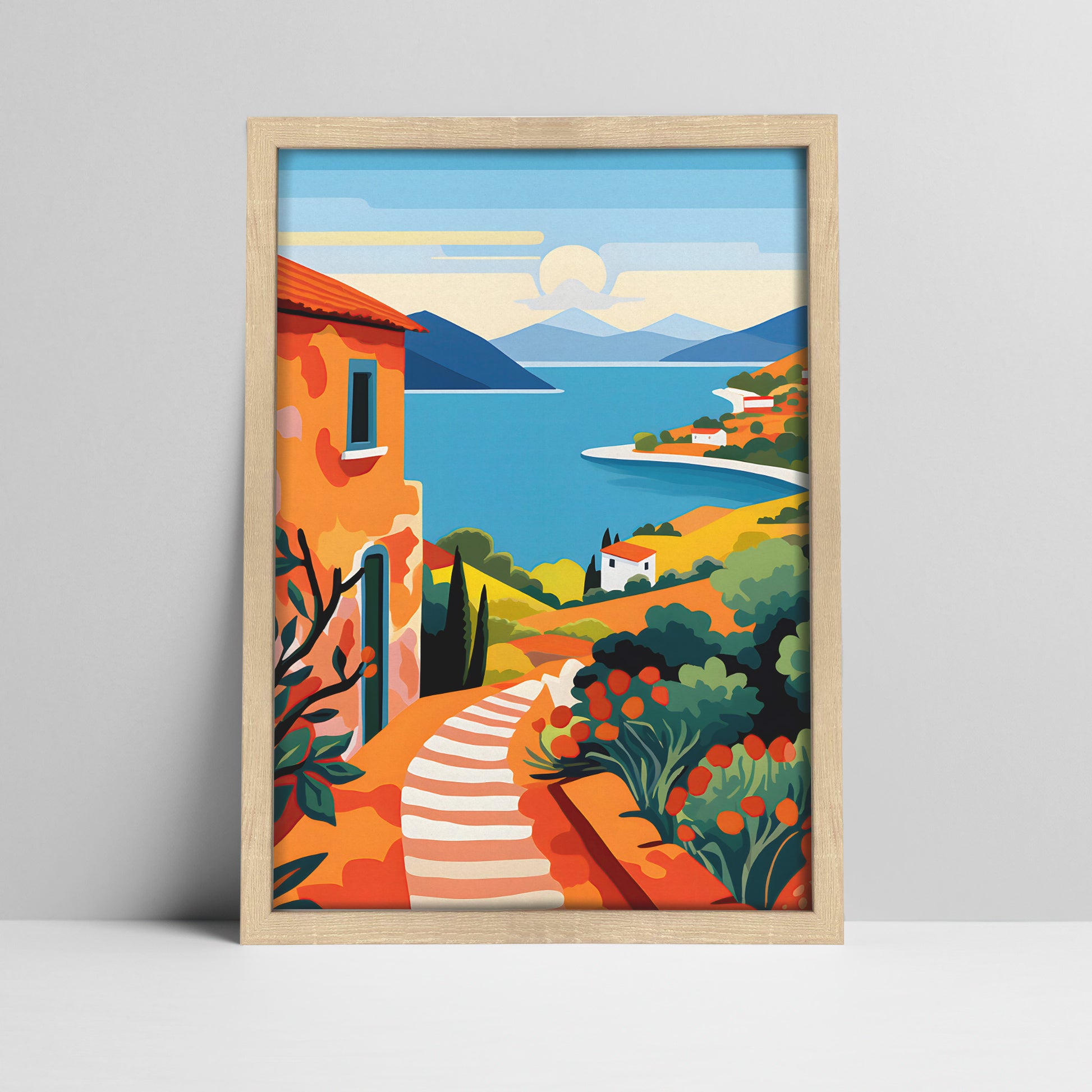 Art print of a mediterranean coastal village landscape illustration in a light wood frame