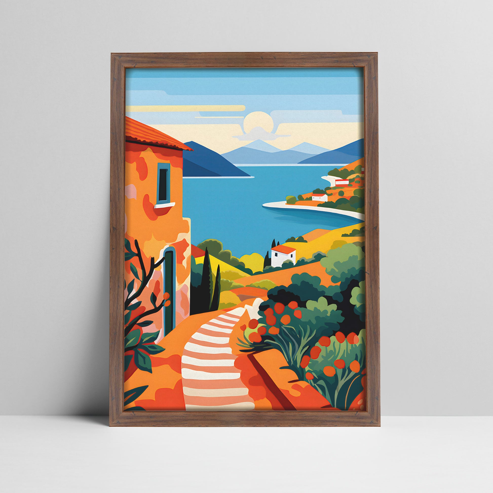 Art print of a mediterranean coastal village landscape illustration in a dark wood frame