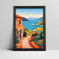 Art print of a mediterranean coastal village landscape illustration in a bold black frame