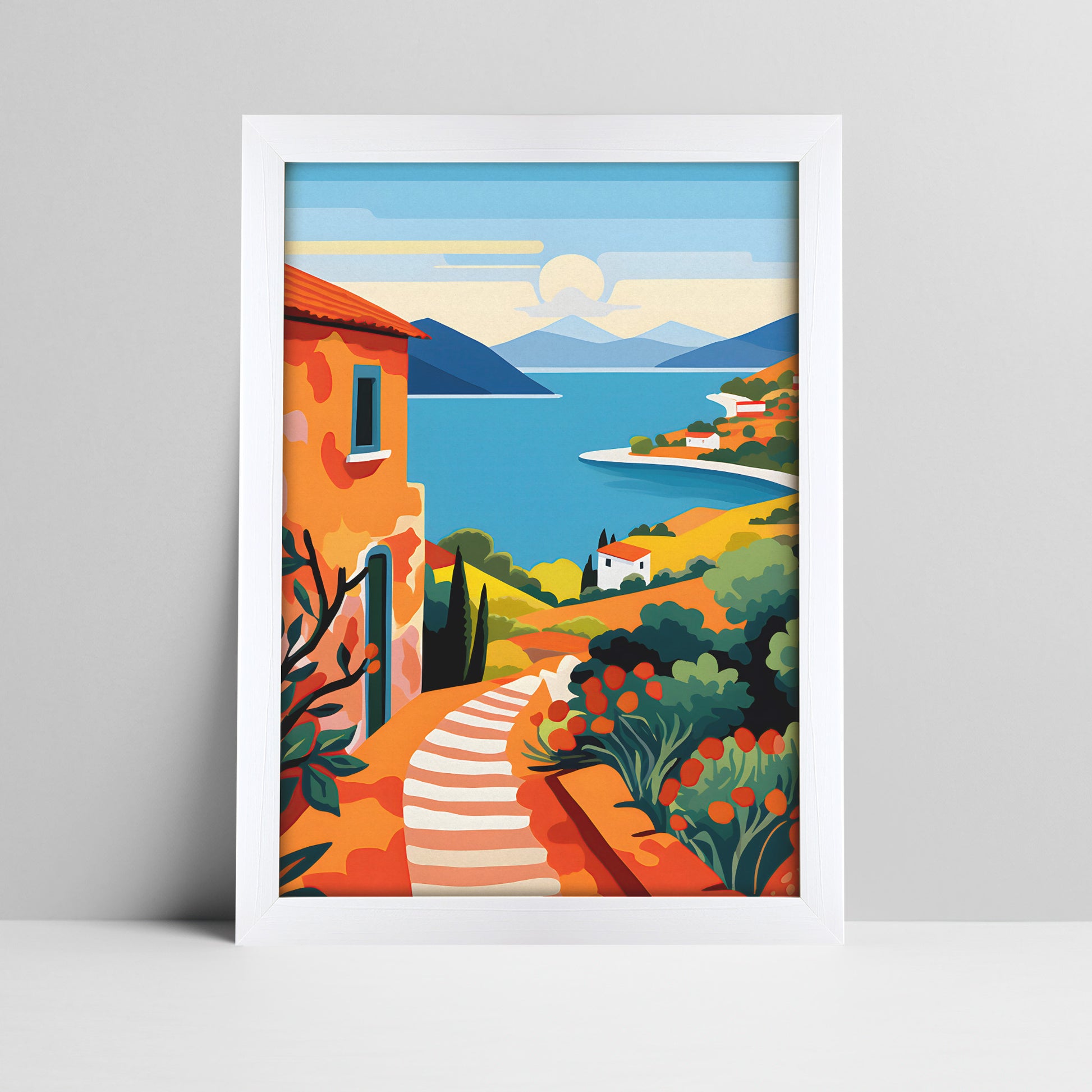 Art print of a mediterranean coastal village landscape illustration in a bold white frame
