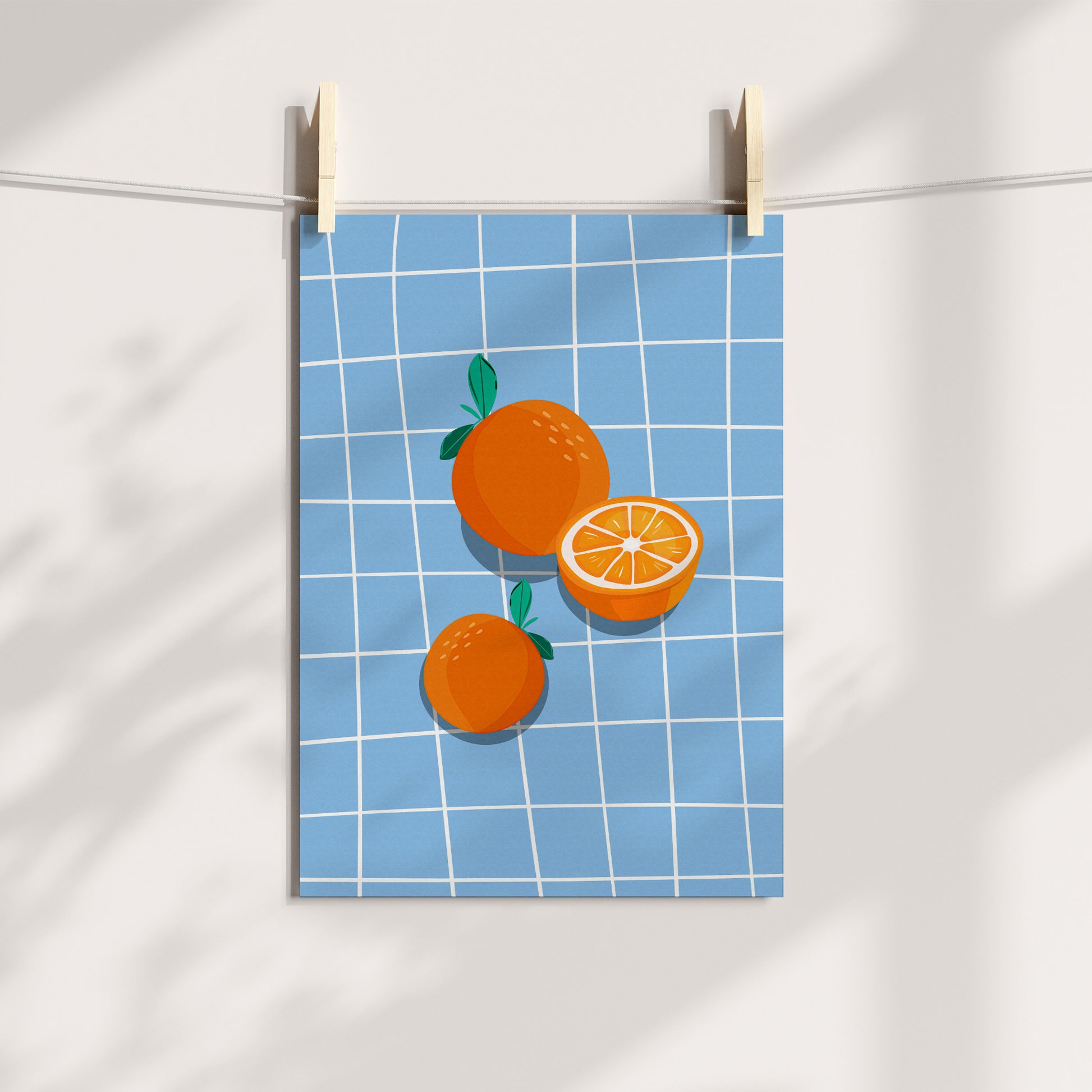 Art print of oranges on blue grid background illustration