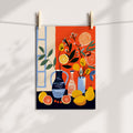 Still life art print with citrus and floral arrangement