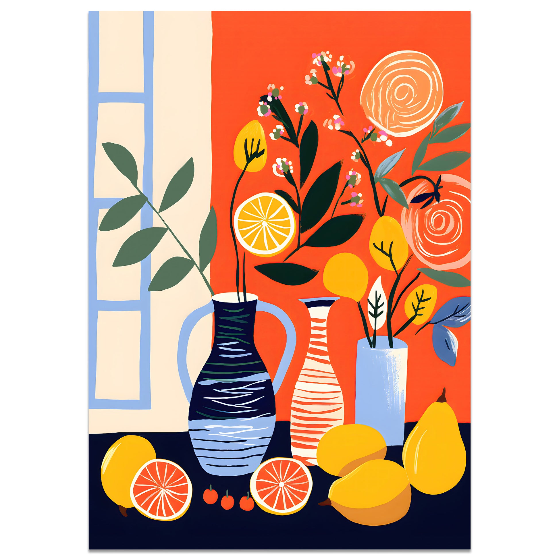 Still life art print with citrus and floral arrangement
