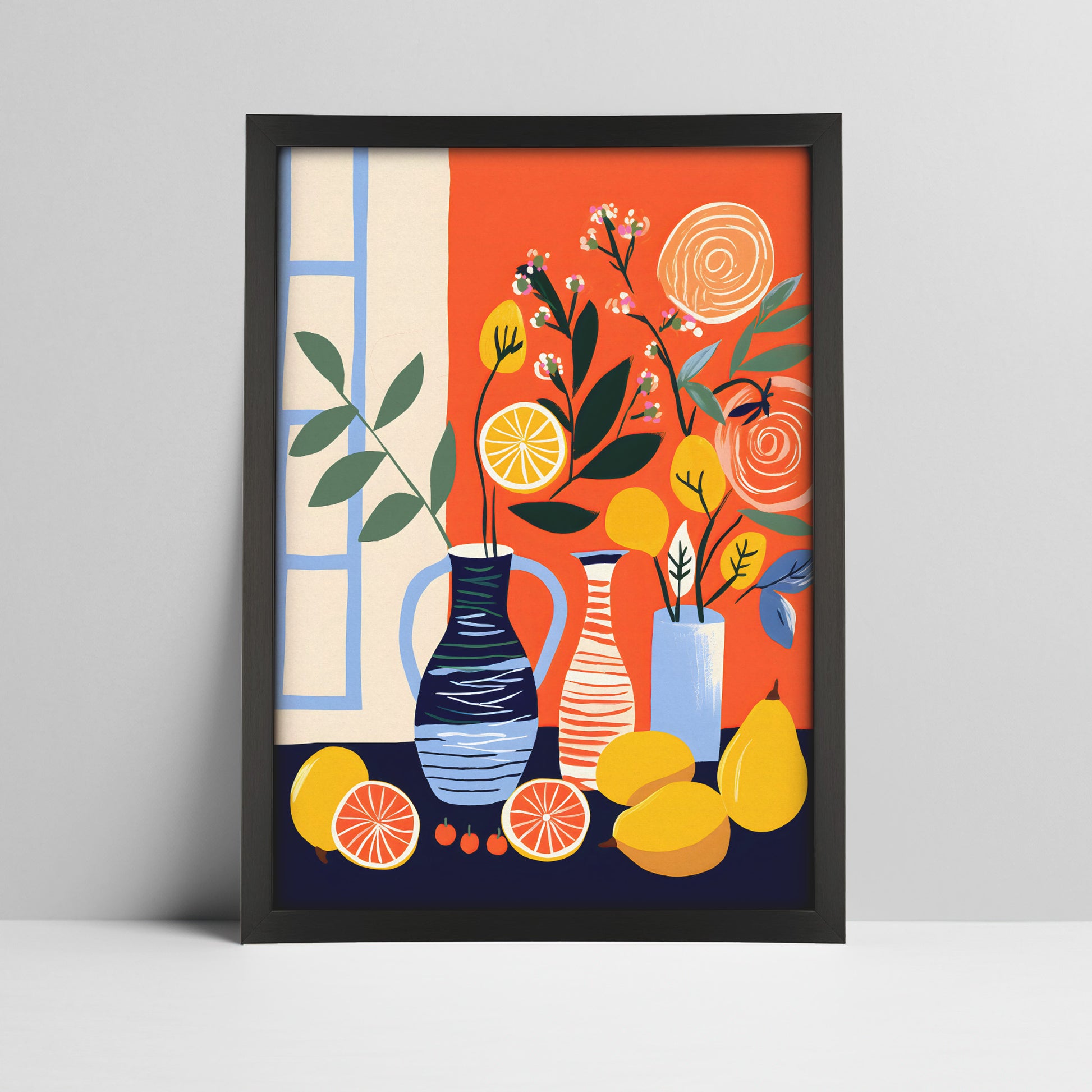 Still life art print with citrus and floral arrangement in a black frame