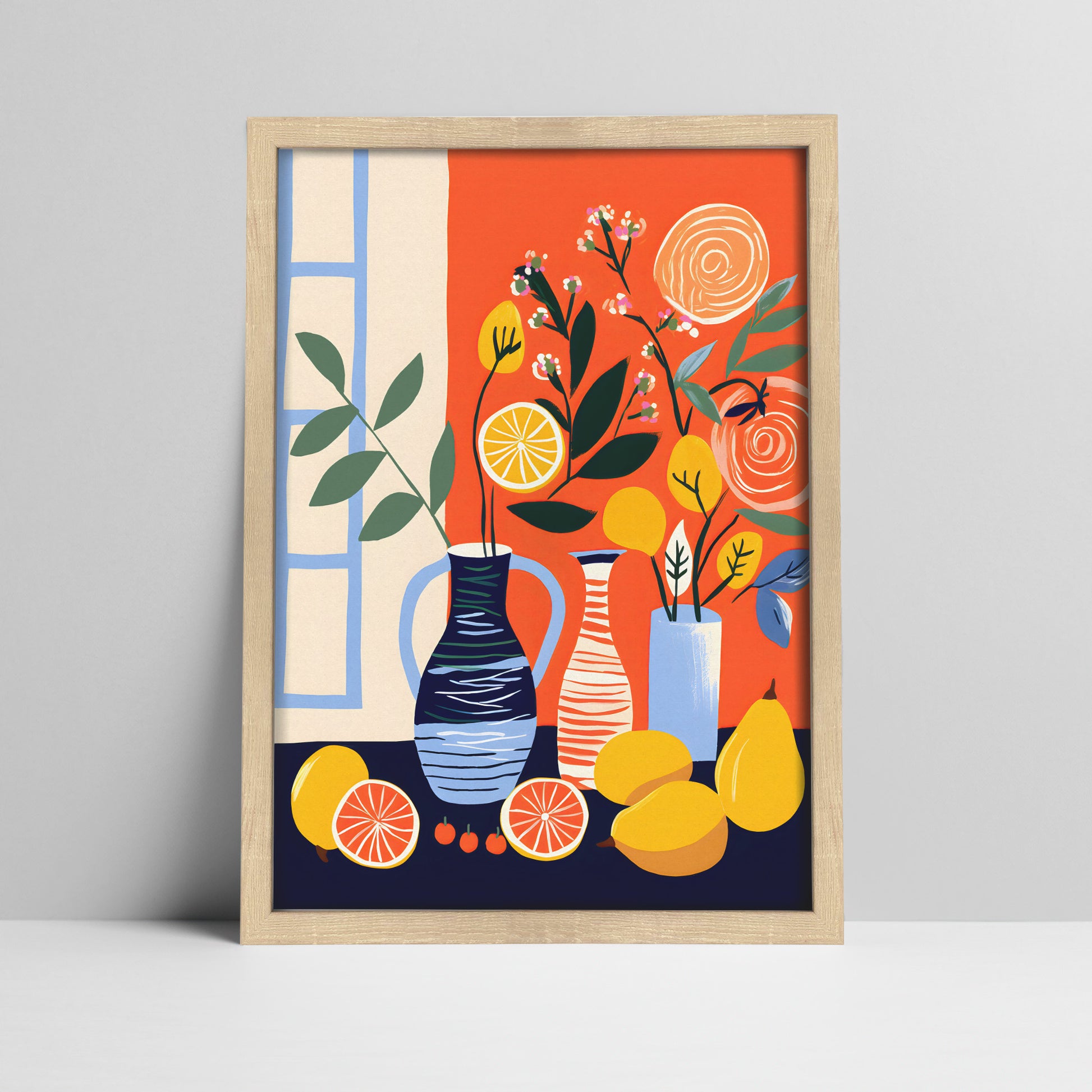 Still life art print with citrus and floral arrangement in a light wood frame