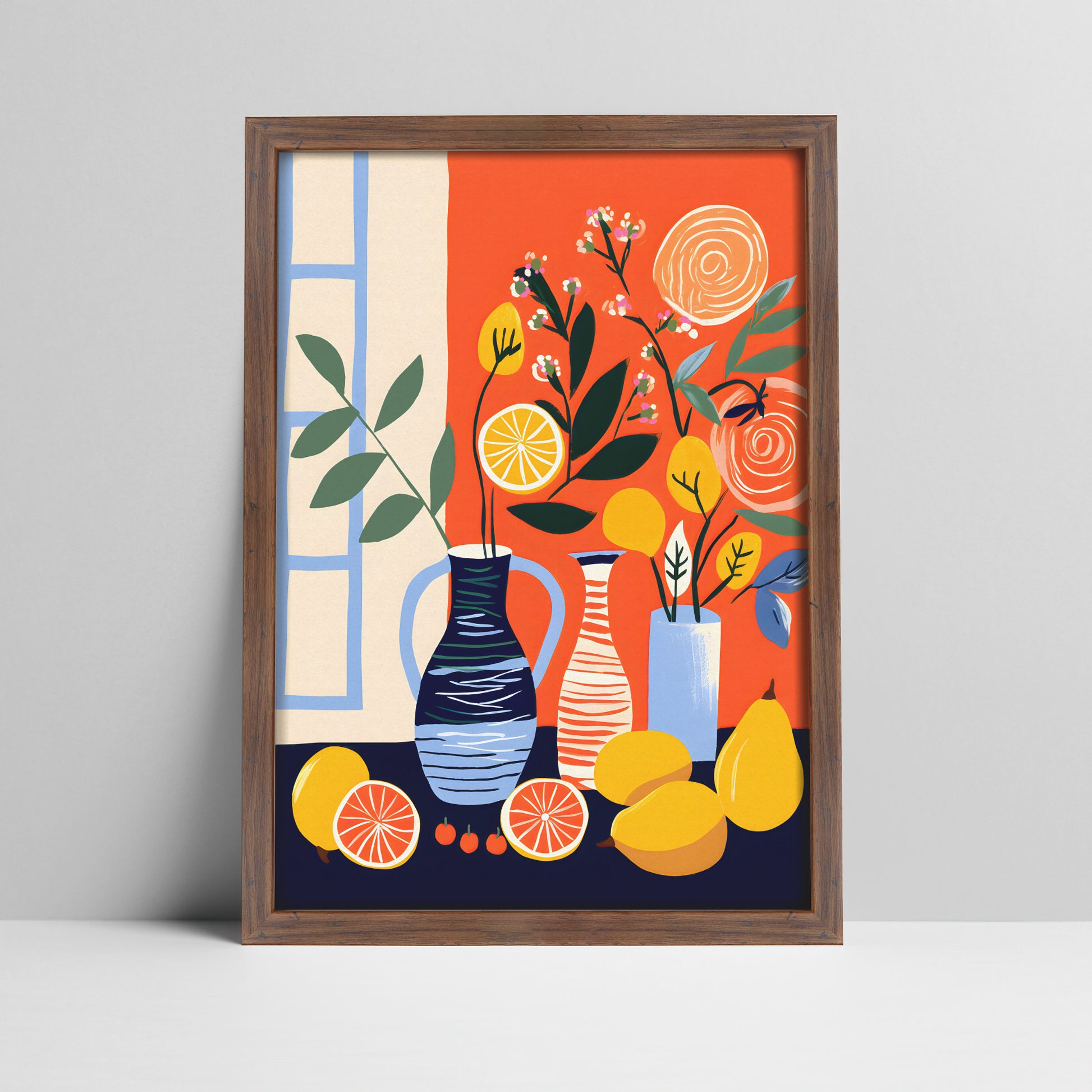 Still life art print with citrus and floral arrangement in a dark wood frame