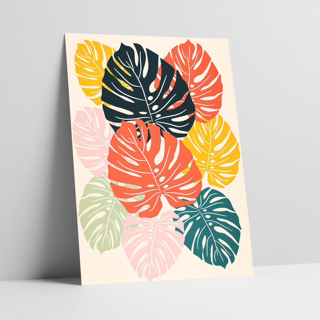 Tropical monstera leaves art print in bold colors