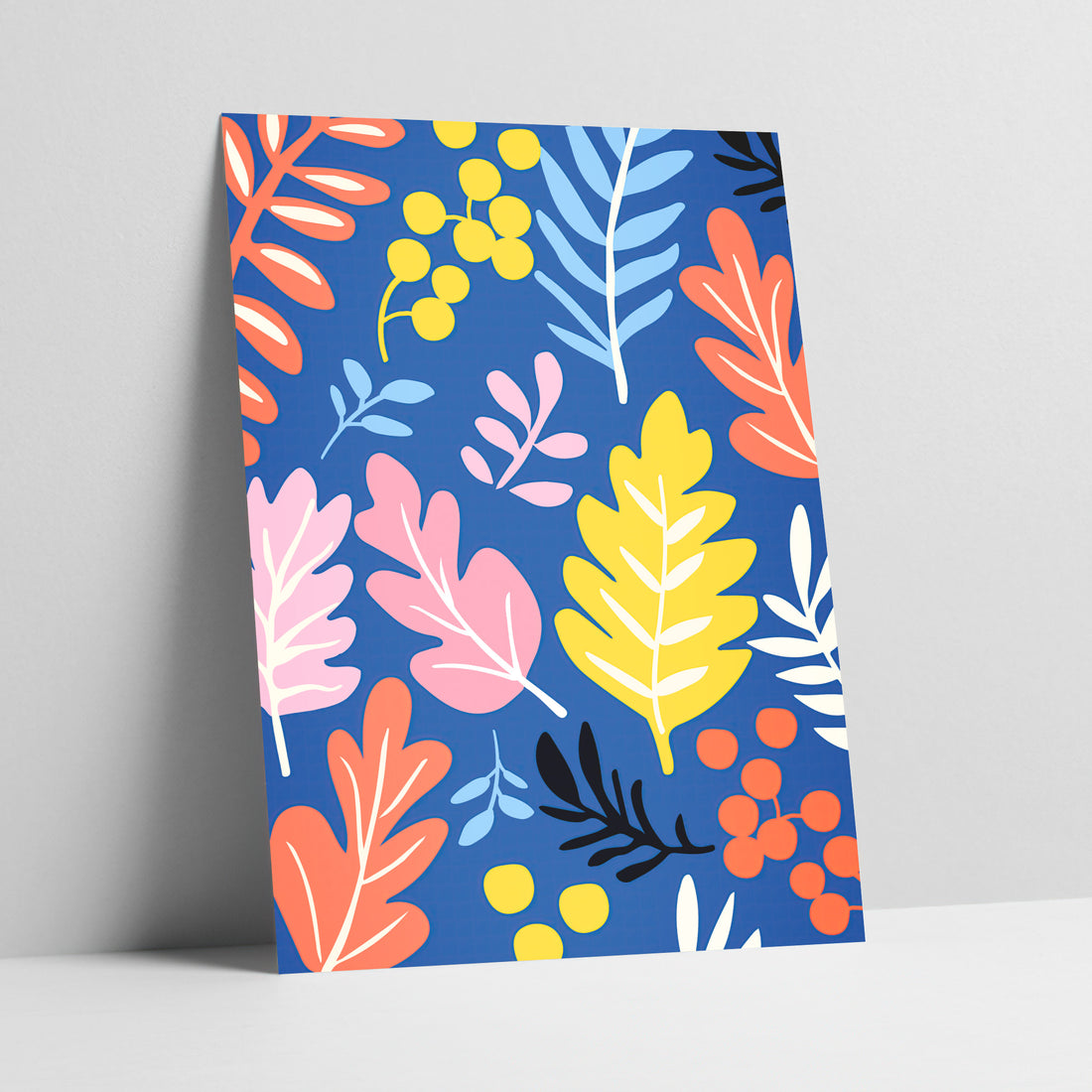 Vibrant botanical print with blue background