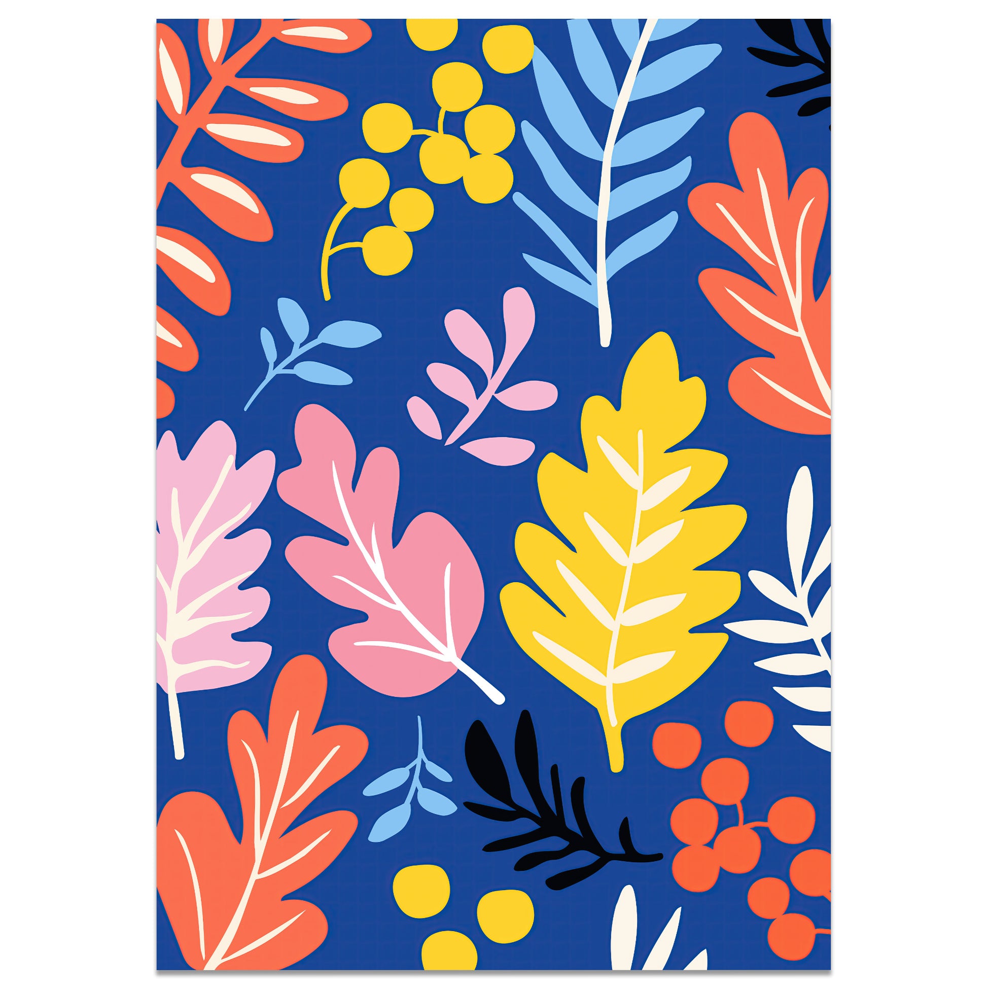 Vibrant botanical print with blue background