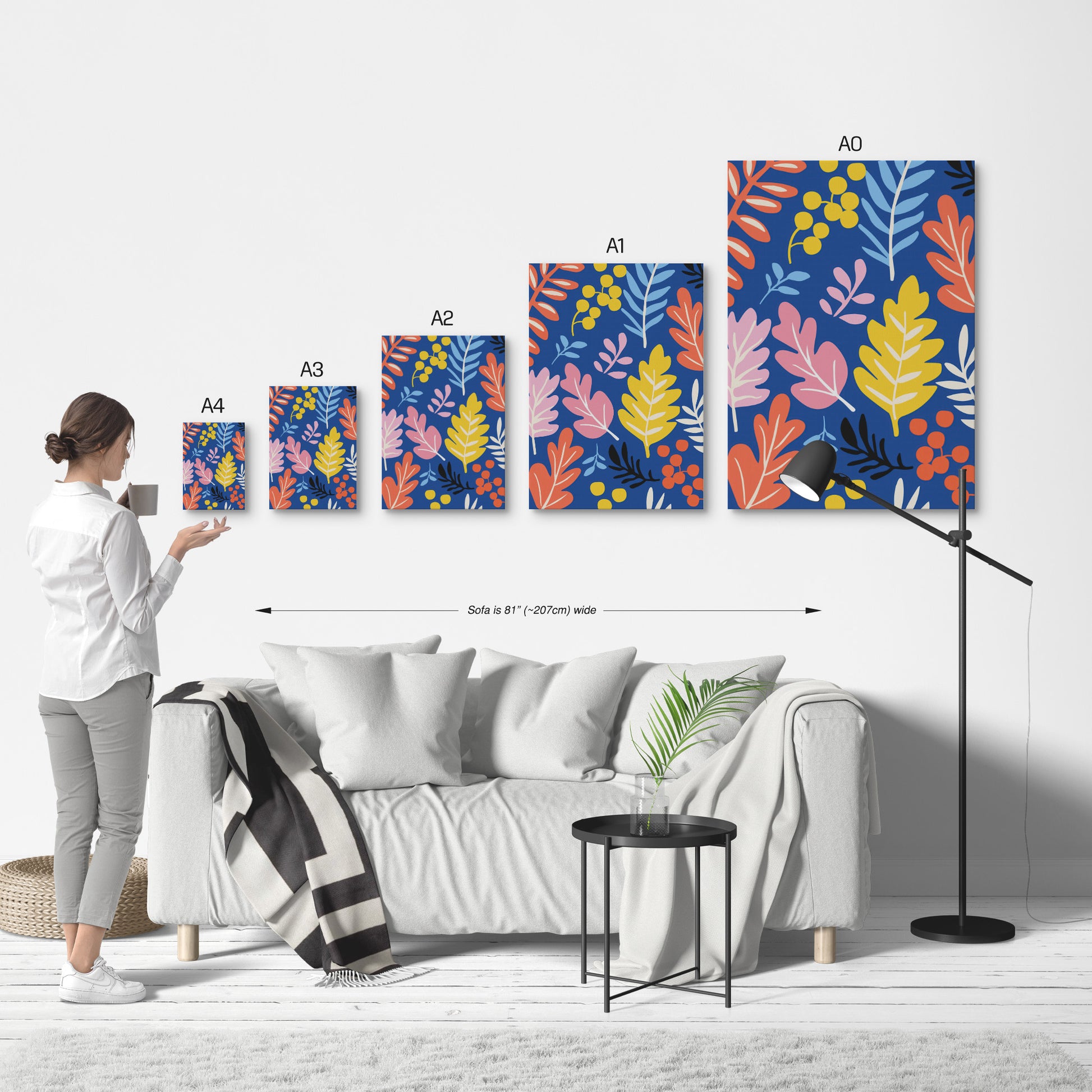 Size chart for Vibrant botanical print with blue background