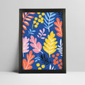Vibrant botanical print with blue background in a thick black frame