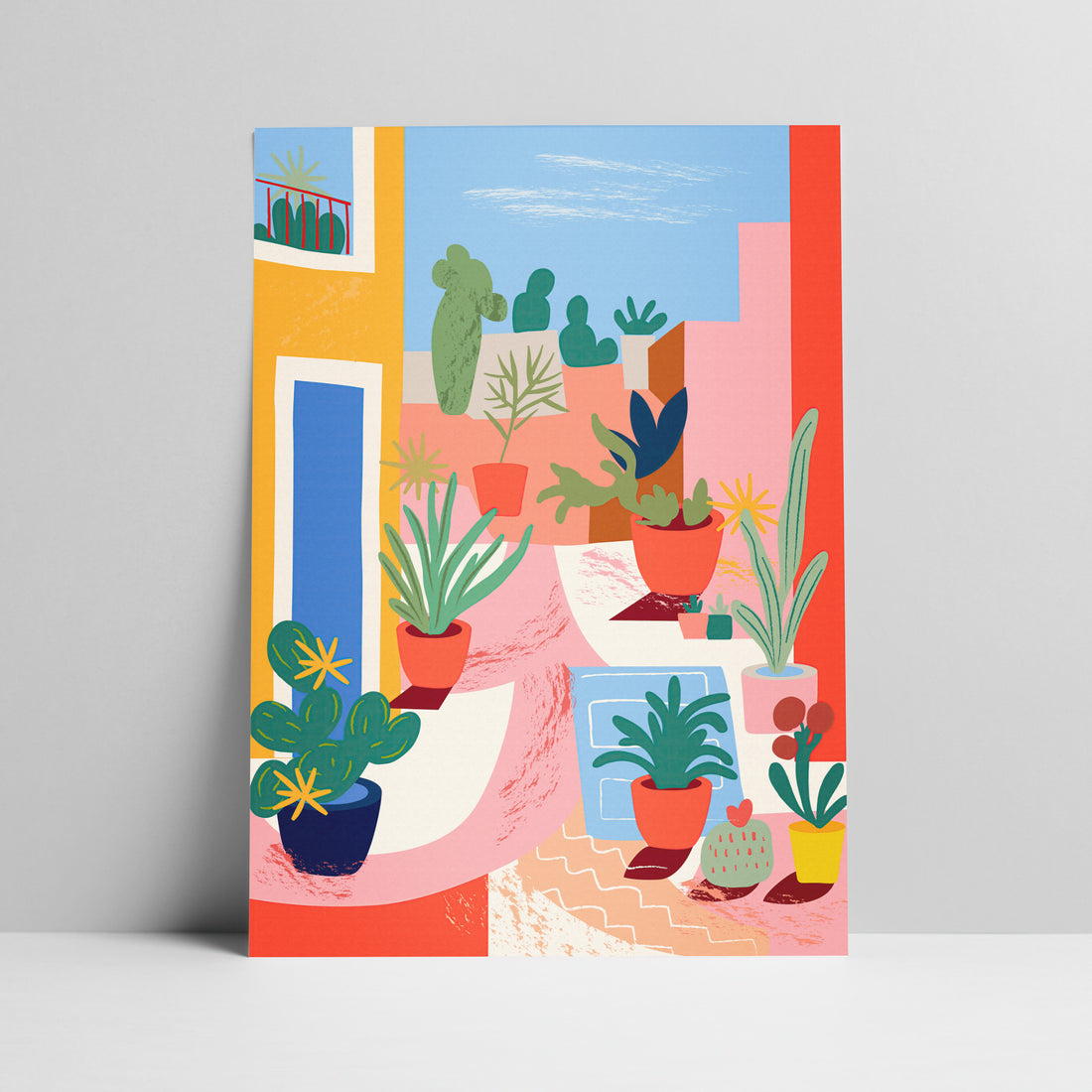 Art print of vibrant terrace with potted plants illustration