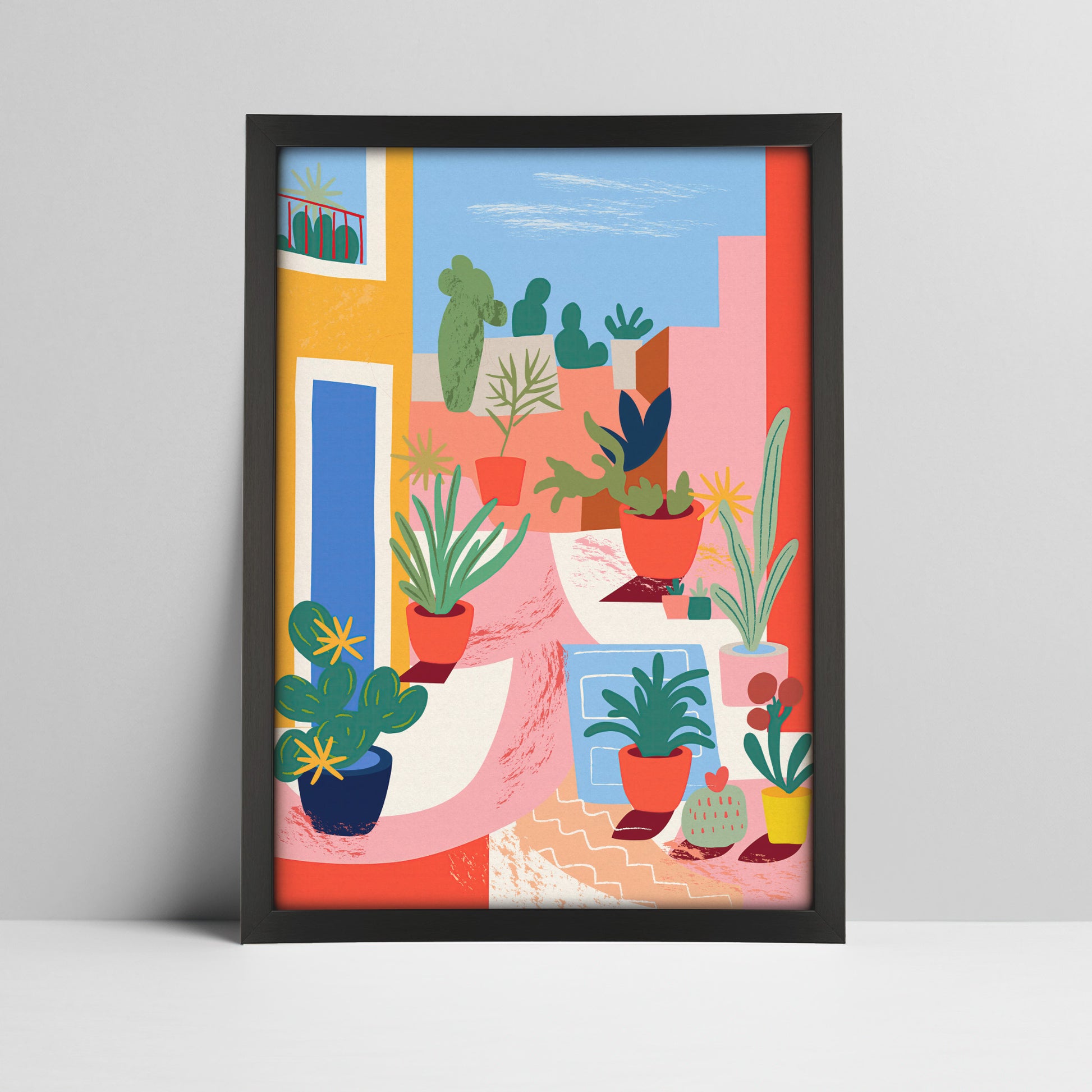 Art print of vibrant terrace with potted plants illustration in a black frame