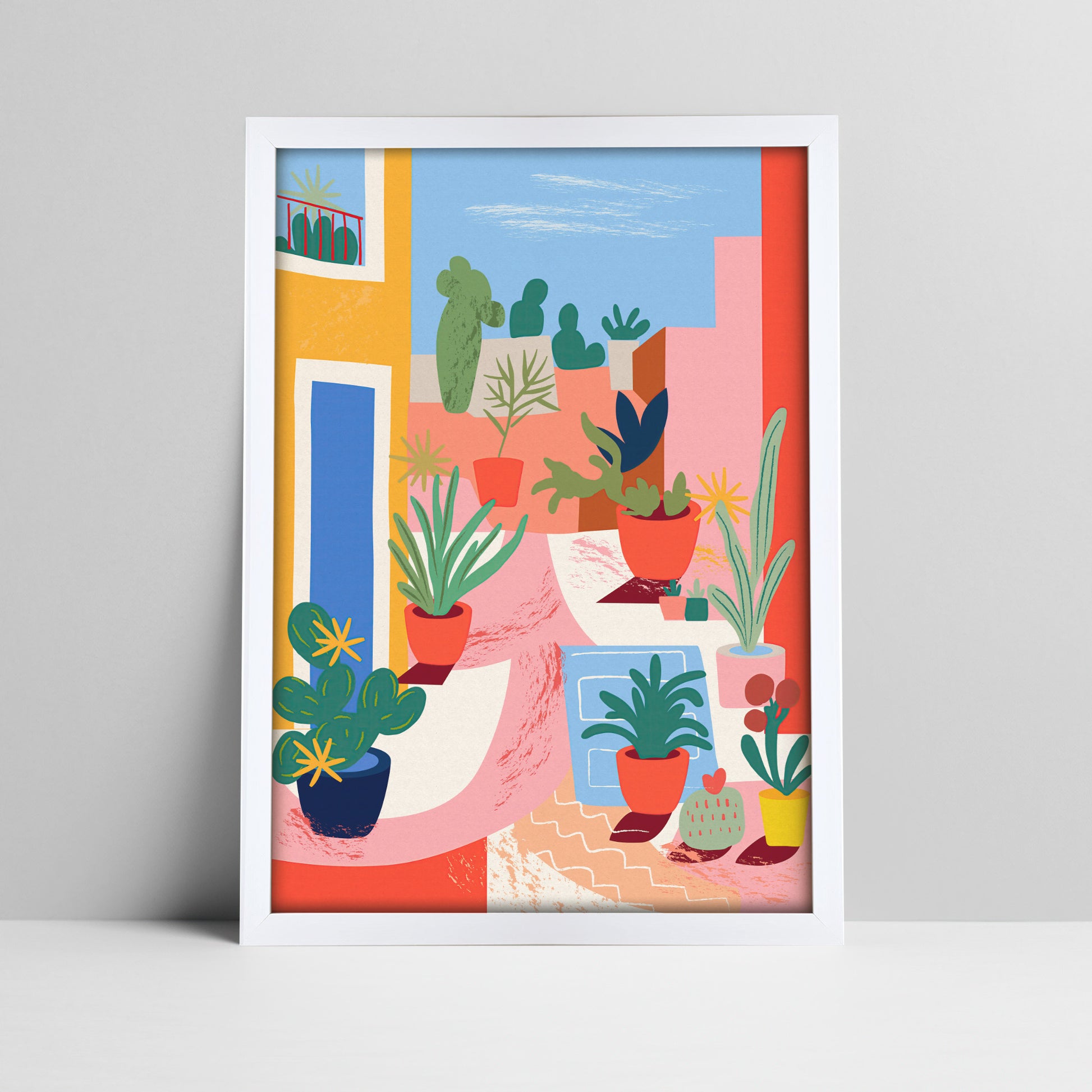 Art print of vibrant terrace with potted plants illustration in a white frame